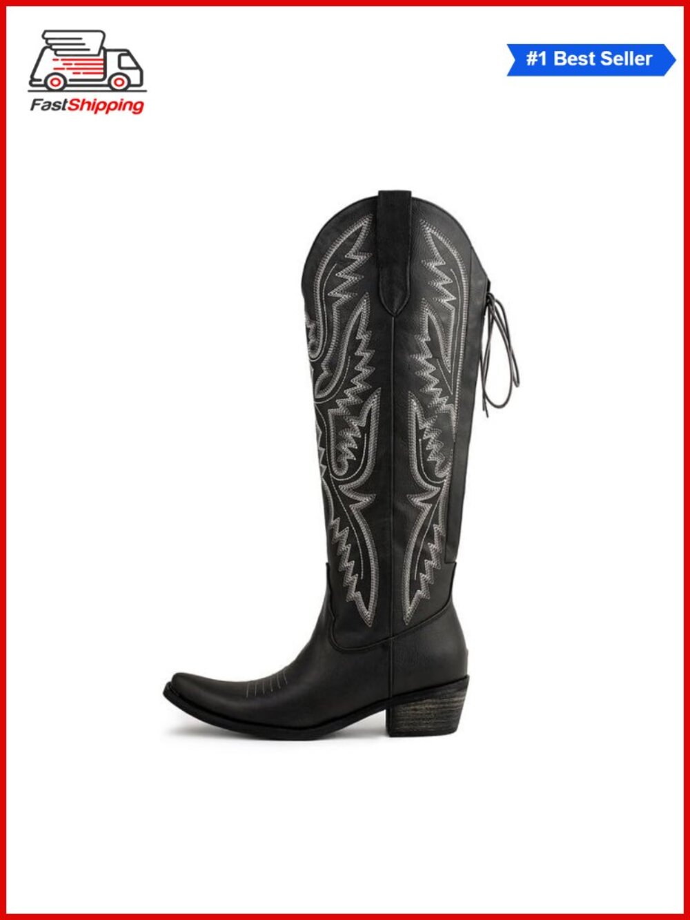 ✨ Knee High Western Cowgirl Boots Faux Leather Embroidered Wide Calf Lace Up